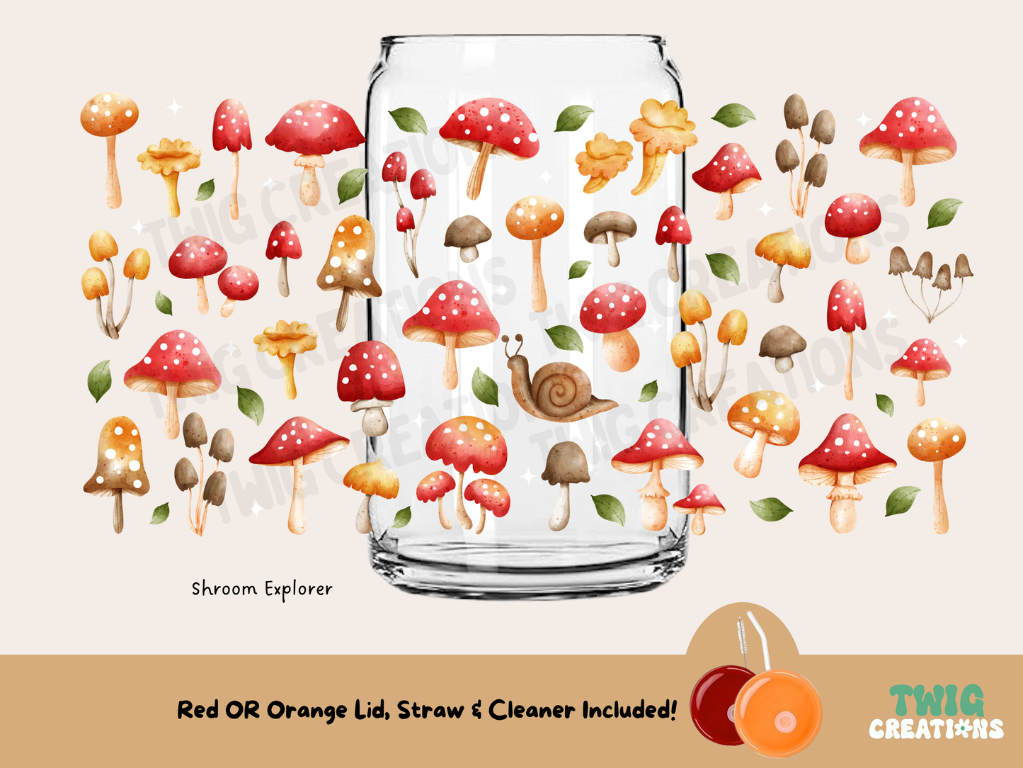 Shroom Explorer 16 oz Glass Cup Twig Creations