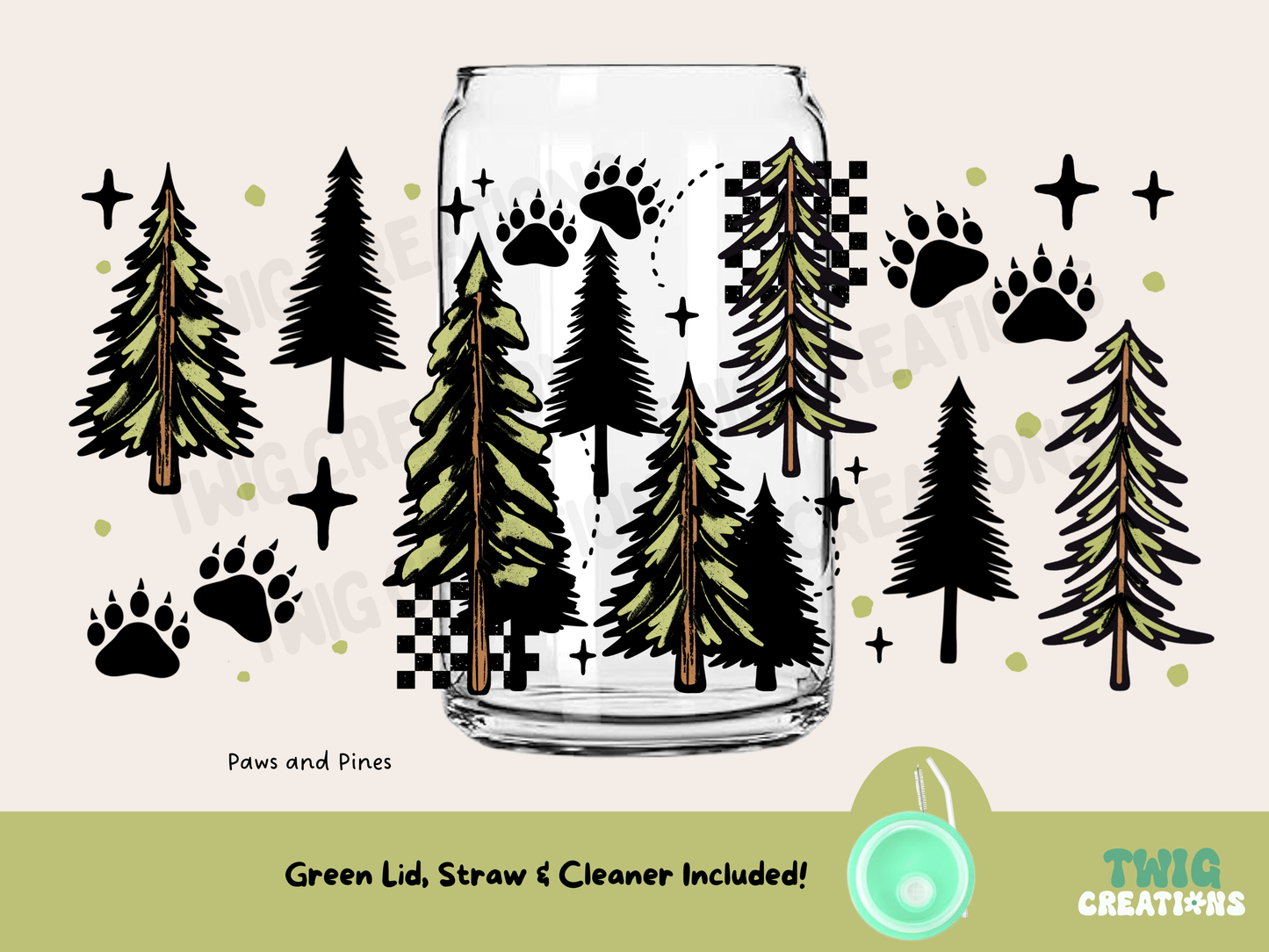 Paws & Pines 16 oz Glass Cup Twig Creations