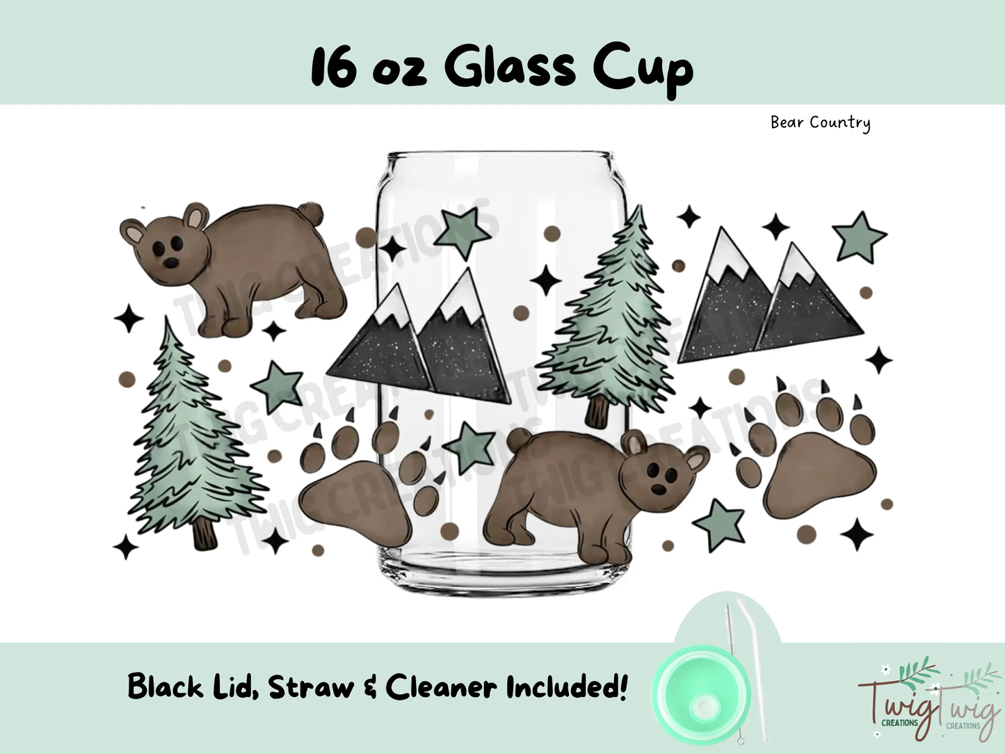 Bear Country 16 oz Glass Cup Twig Creations
