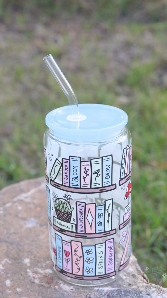 Cottagecore Bookshelf 16 oz Glass Cup Twig Creations