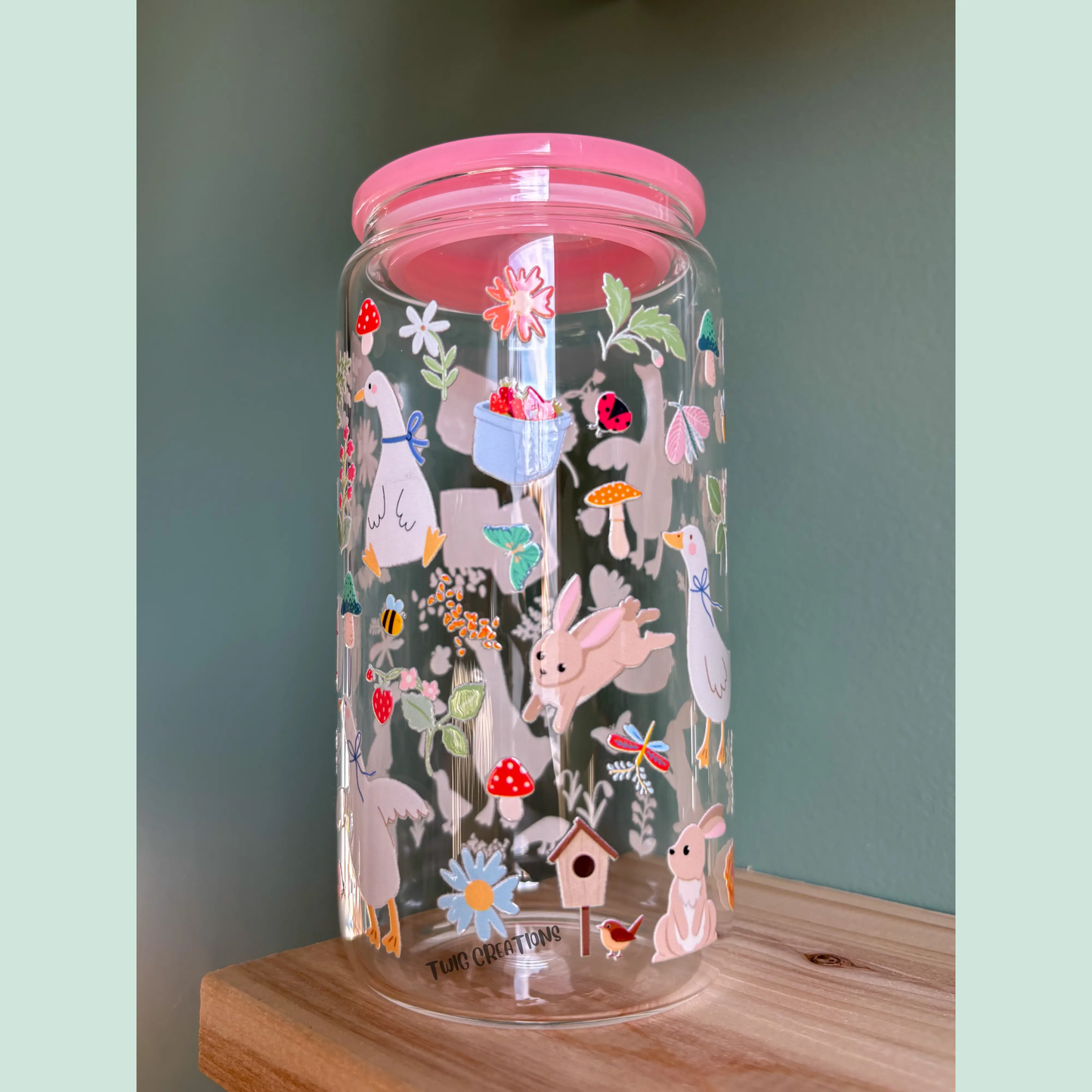 Cottagecore Spring Goose 16 oz Glass Cup Twig Creations