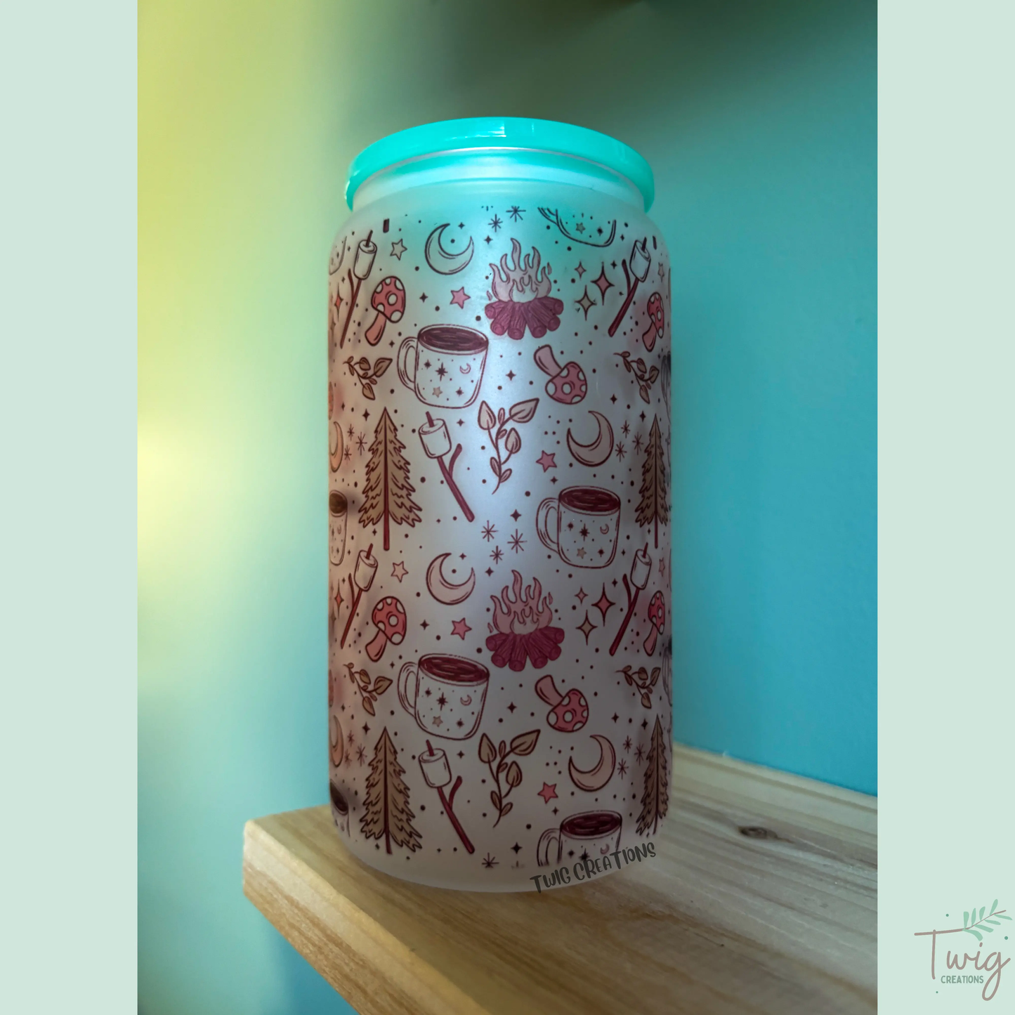 Cozy Campfire Frosted 16 oz Glass Cup Twig Creations