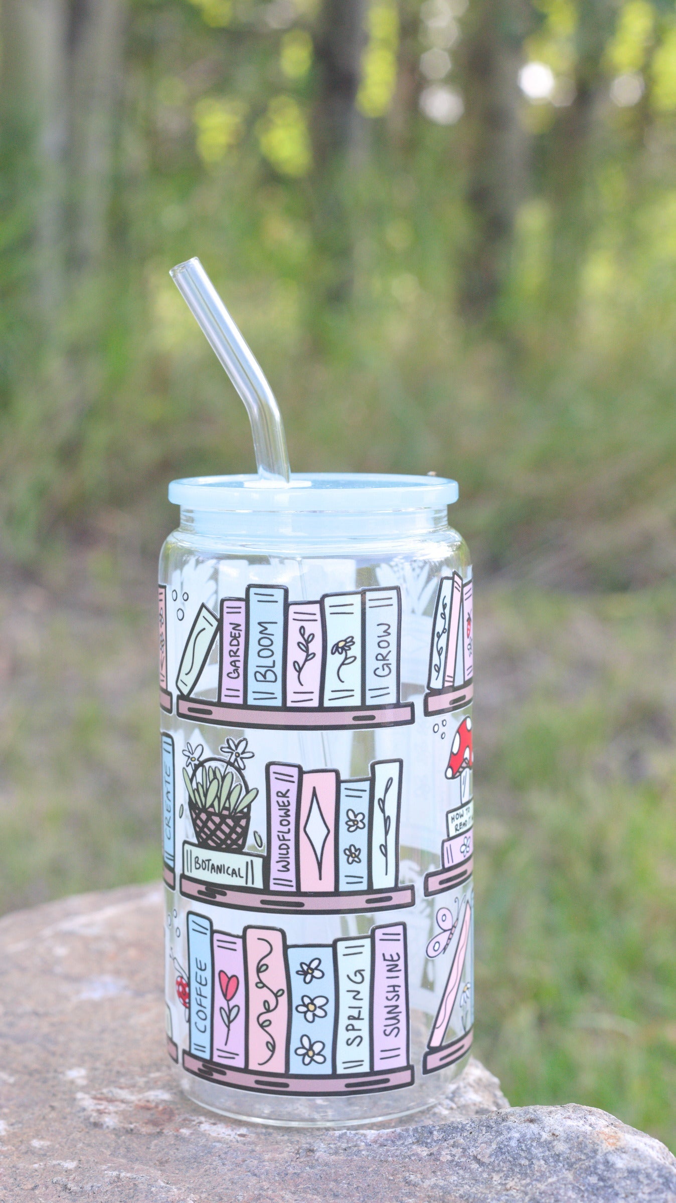 Cottagecore Bookshelf 16 oz Glass Cup Twig Creations