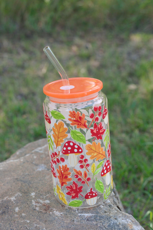 Cozy Fall Leaves 16 oz Glass Cup Twig Creations