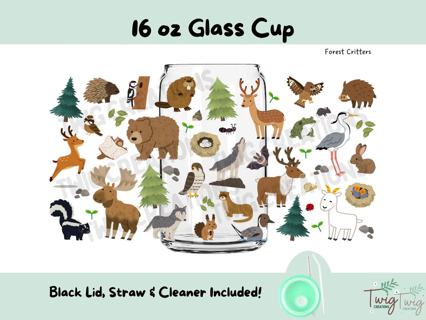 Forest Critters 16 oz Glass Cup Twig Creations