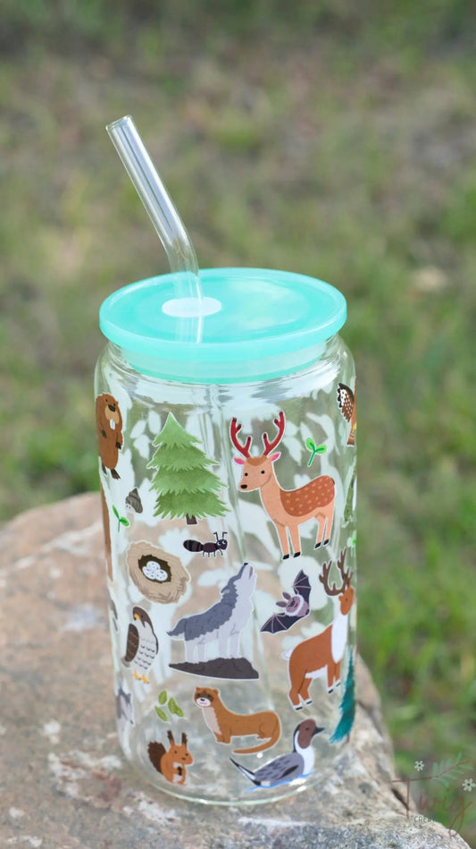 Forest Critters 16 oz Glass Cup Twig Creations