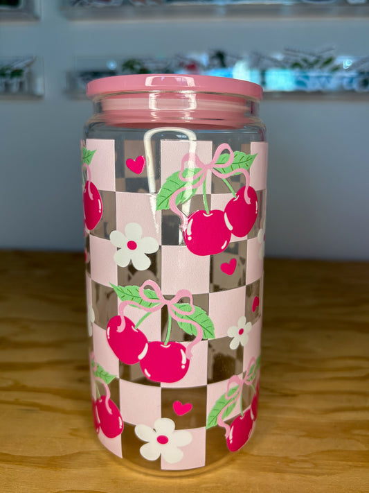 Cherry Check Cutie 16 oz Glass Cup Twig Creations