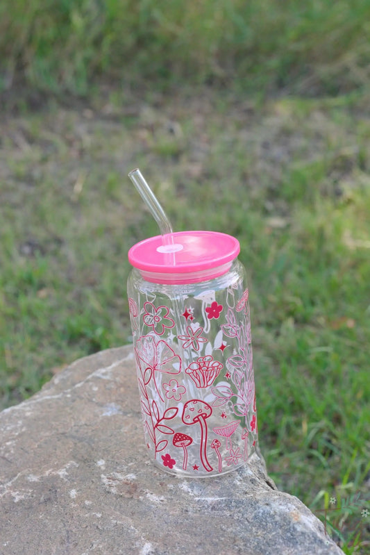 Mushroom Grove 16 oz Glass Cup Twig Creations