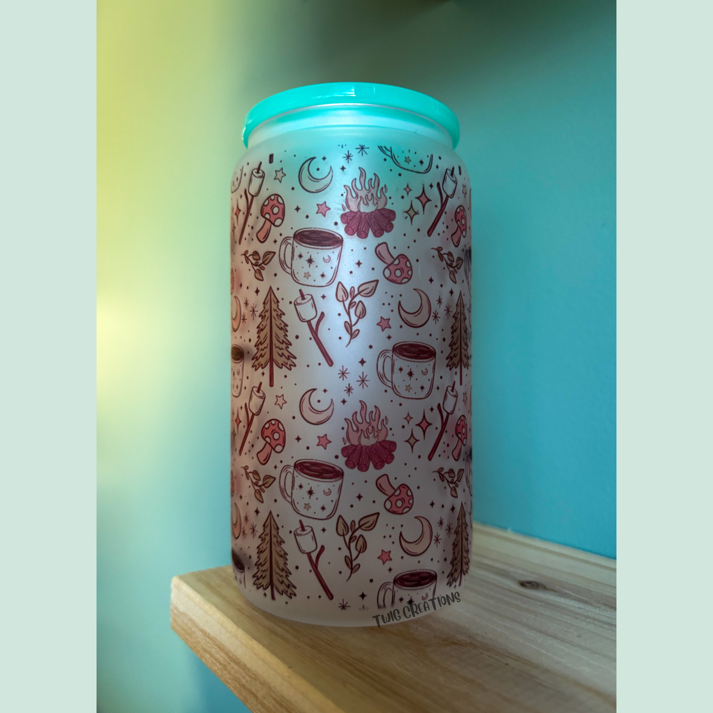 Cozy Campfire Frosted 16 oz Glass Cup