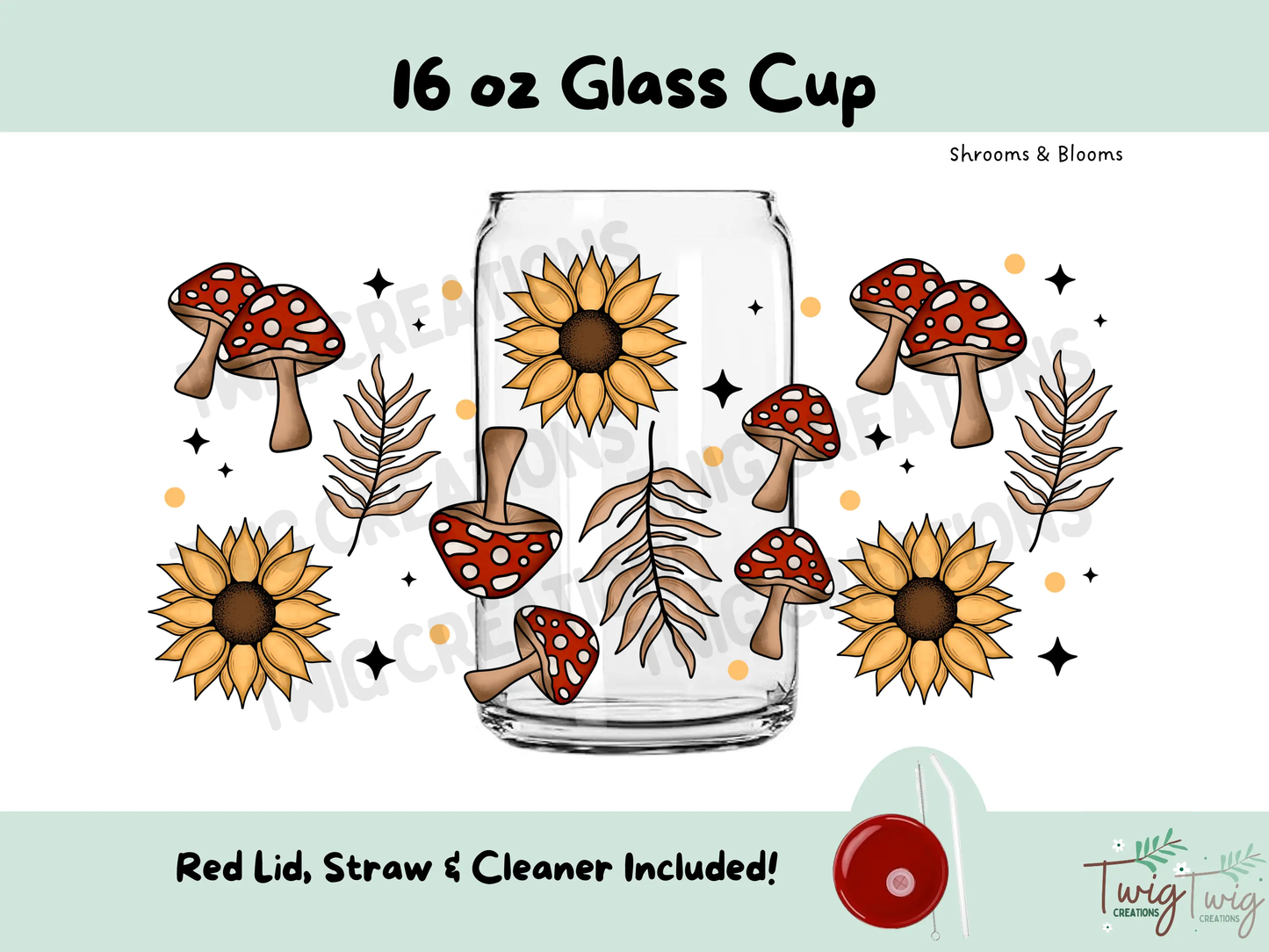 Shrooms & Blooms 16 oz Glass Cup Twig Creations