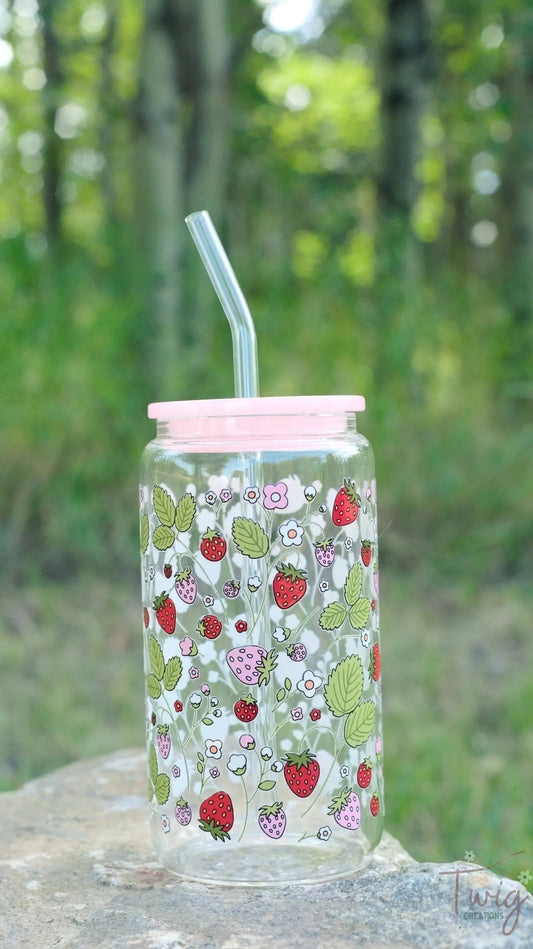 Strawberry Patch 16 oz Glass Cup Twig Creations