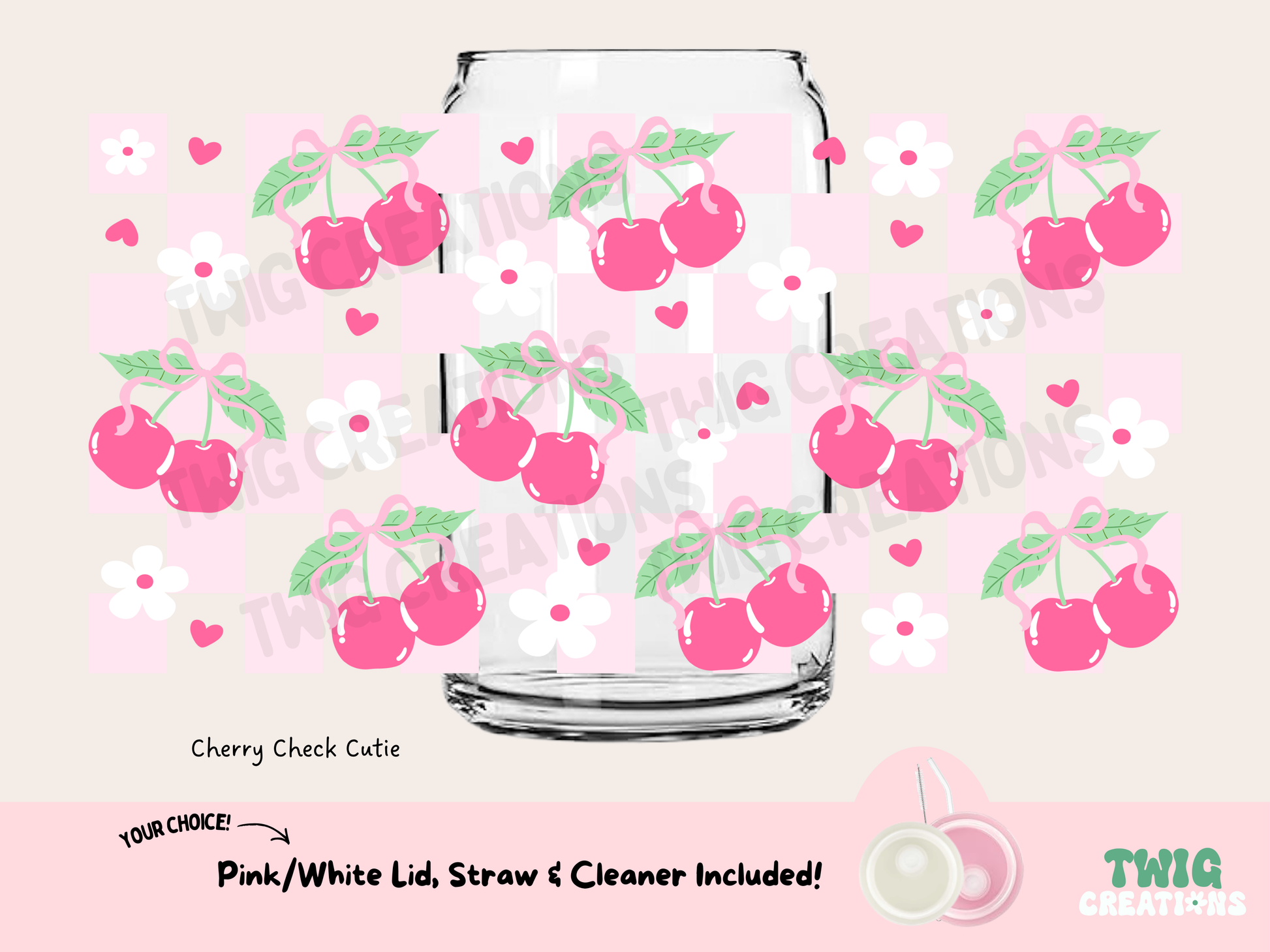 Cherry Check Cutie 16 oz Glass Cup - Twig Creations