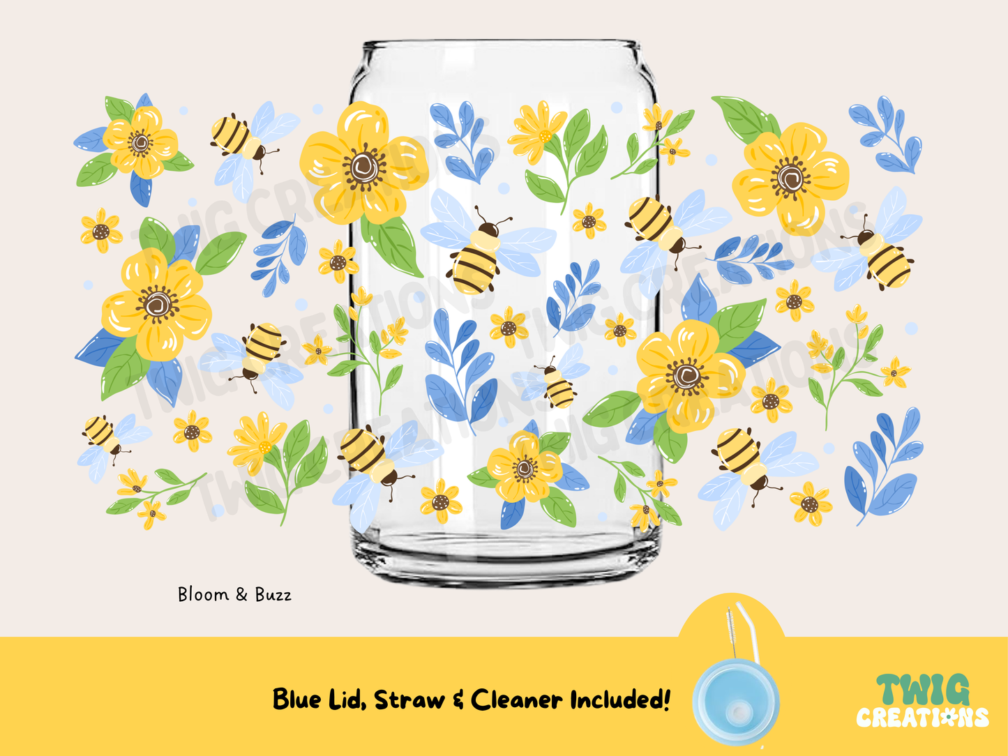 Glass with floral and bee design on a white background