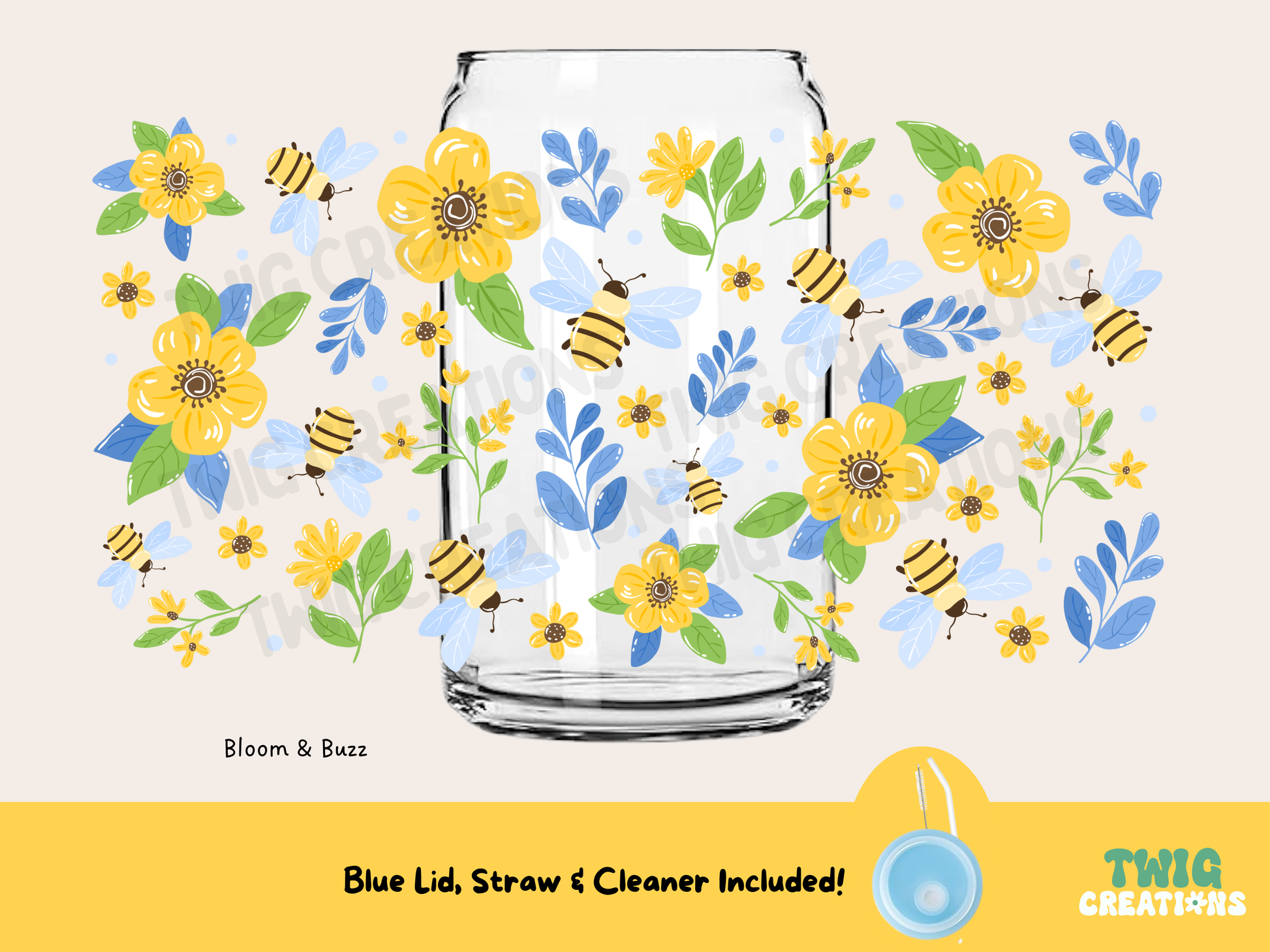 Glass with floral and bee design on a white background