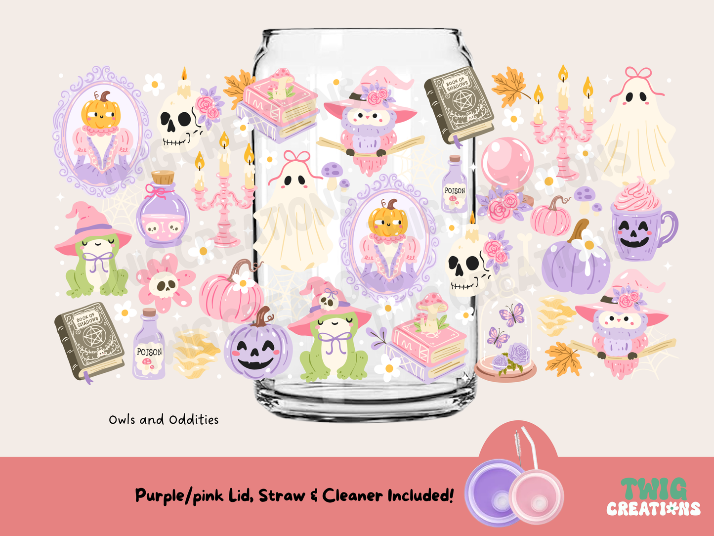 Glass jar with Halloween-themed illustrations on a white background, featuring TWIG Creations branding.