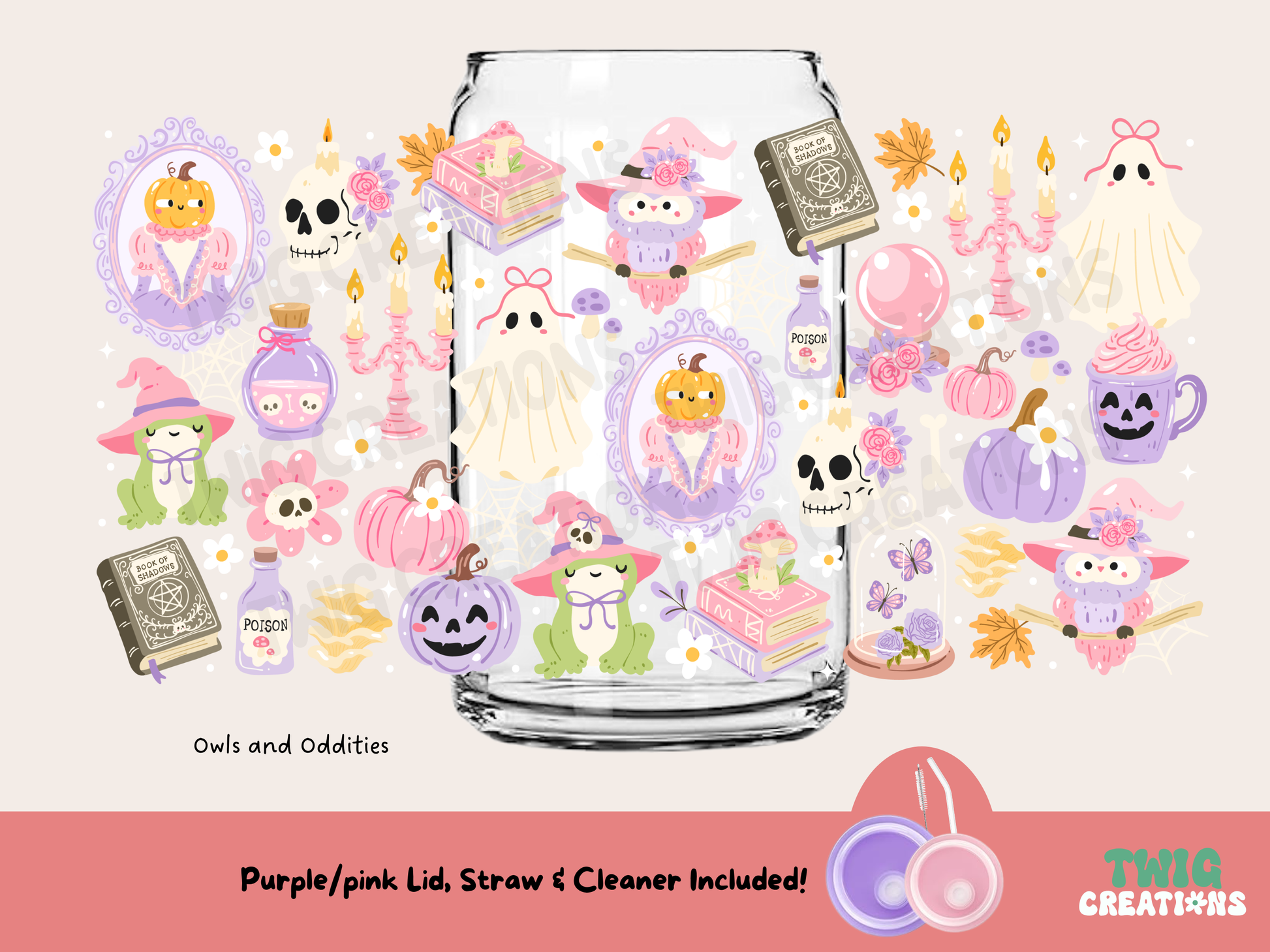 Glass jar with Halloween-themed illustrations on a white background, featuring TWIG Creations branding.