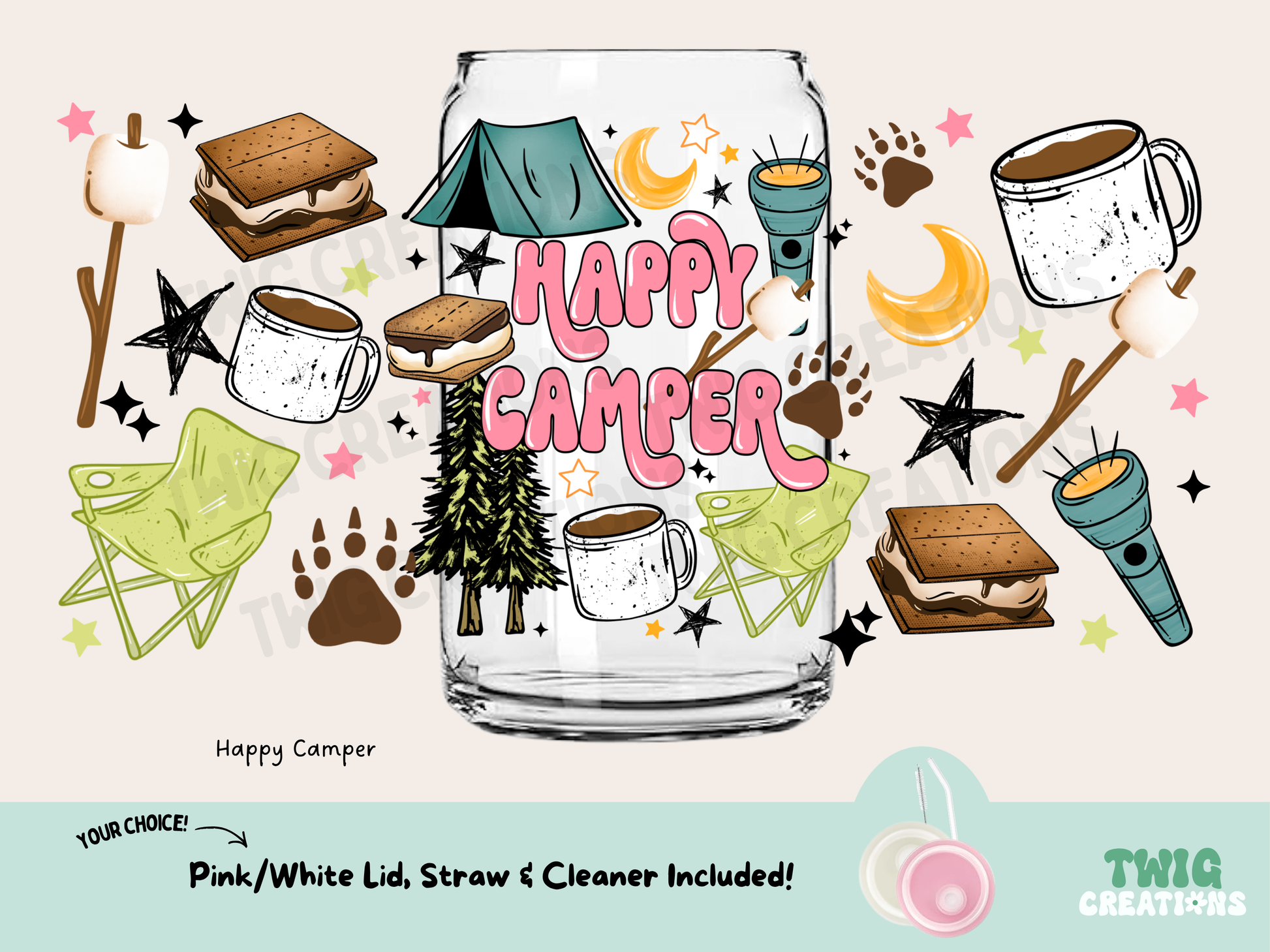 Happy Camper 16 oz Glass Cup Twig Creations