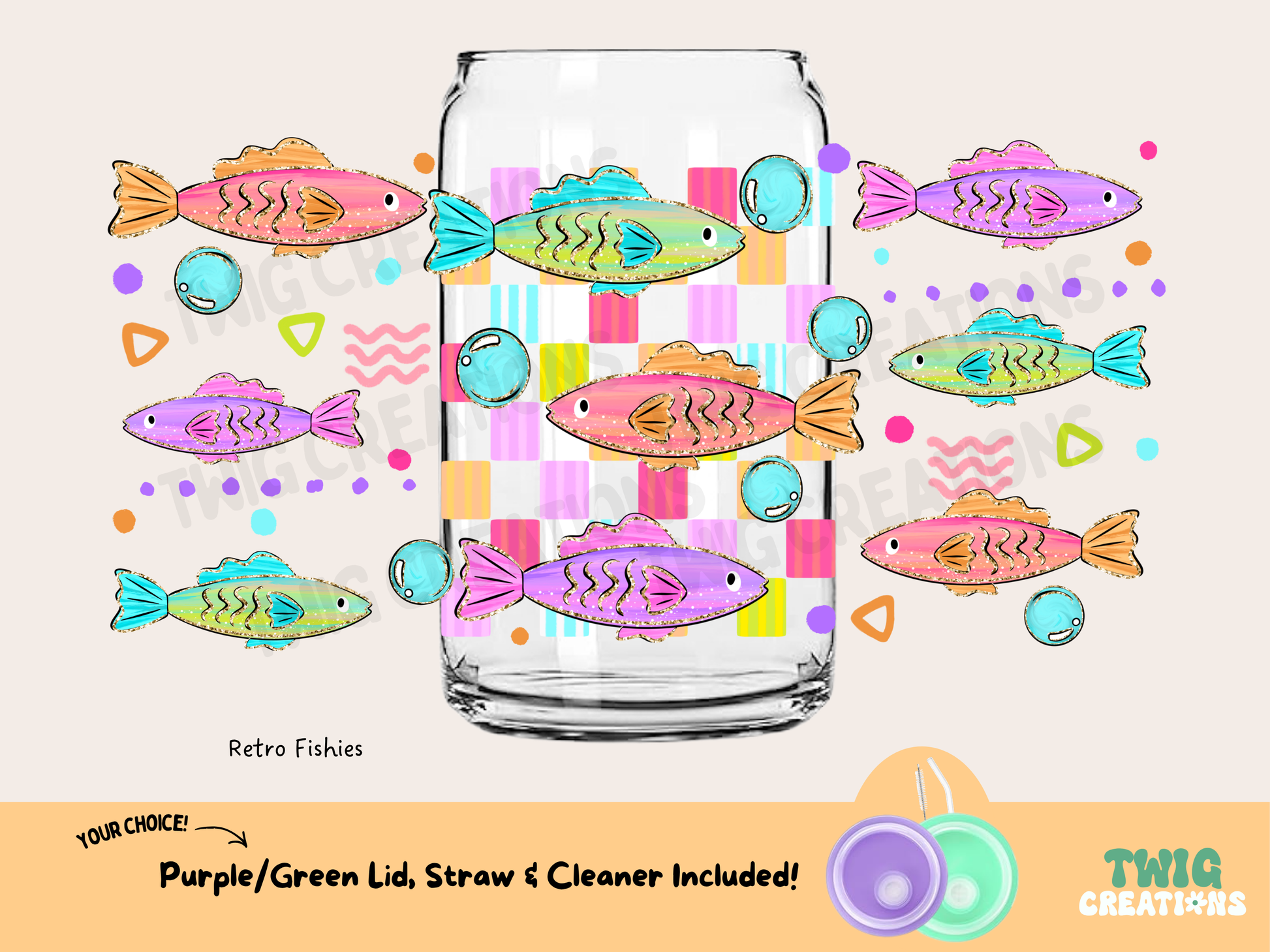 Retro Fishies 16 oz Glass Cup Twig Creations