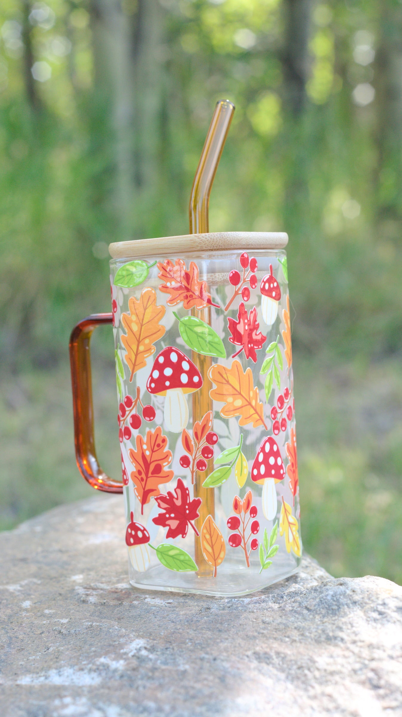 Square Glass mug with autumn-themed design featuring leaves and mushrooms