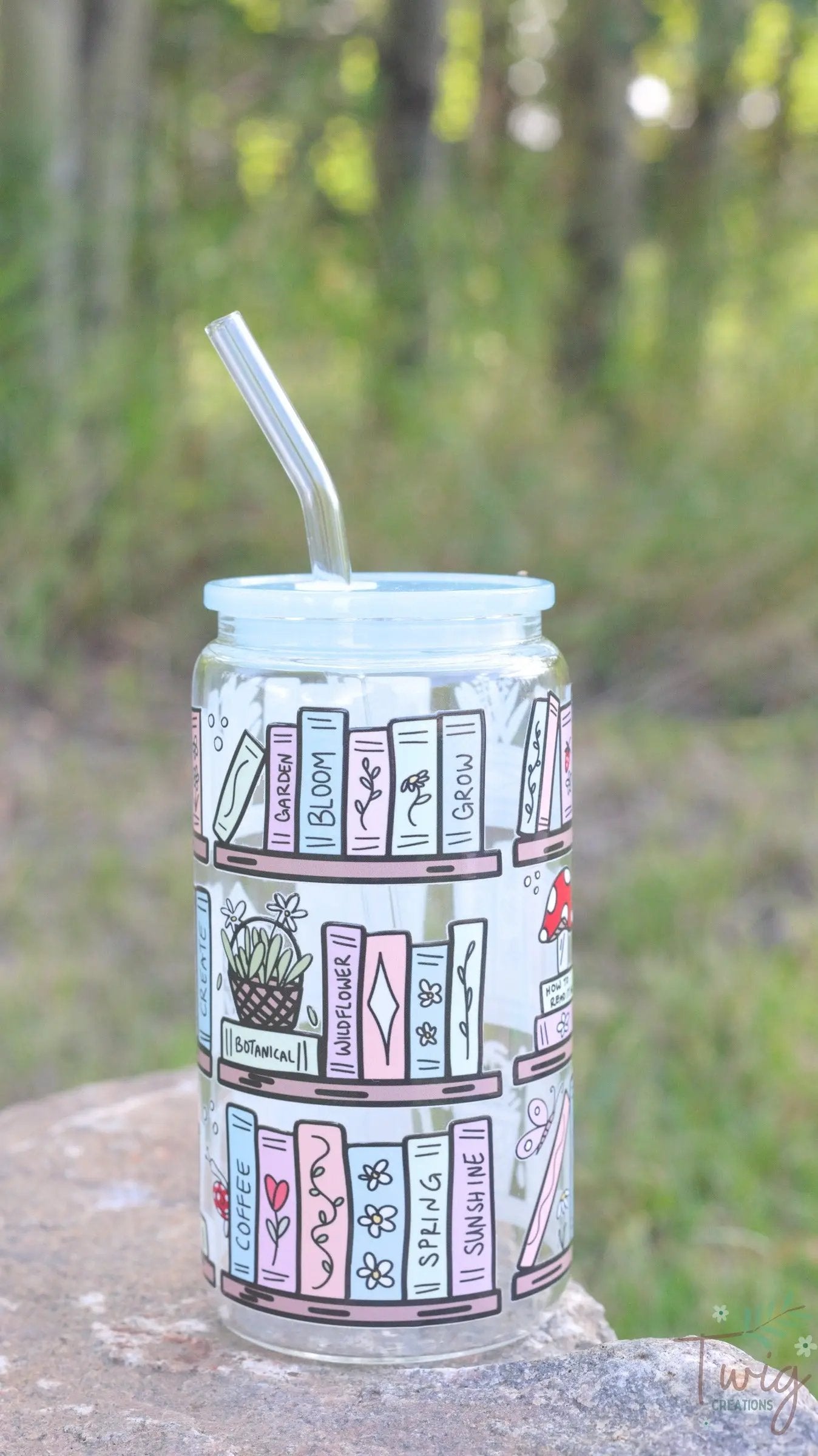 Cottagecore Bookshelf 16 oz Glass Cup Twig Creations