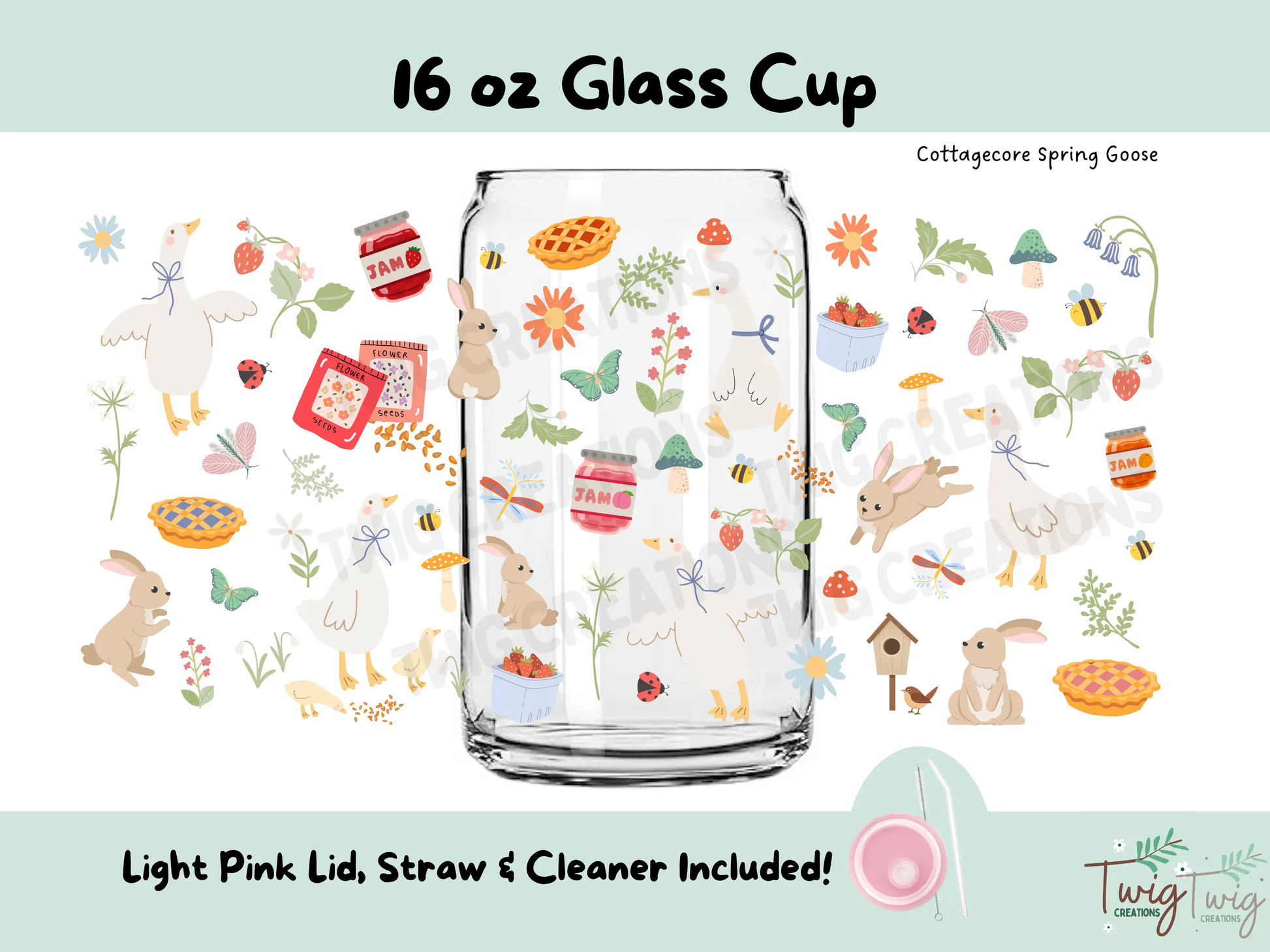 Cottagecore Spring Goose 16 oz Glass Cup Twig Creations