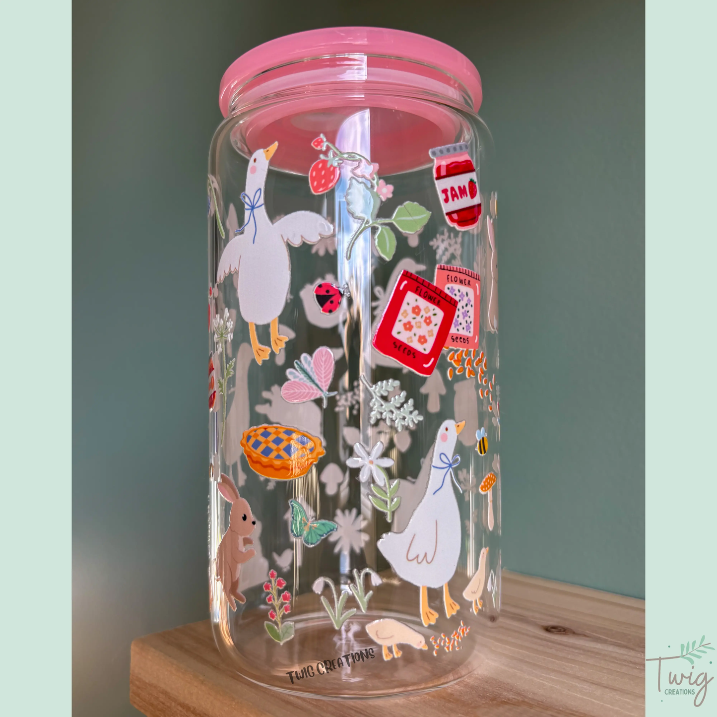 Cottagecore Spring Goose 16 oz Glass Cup Twig Creations
