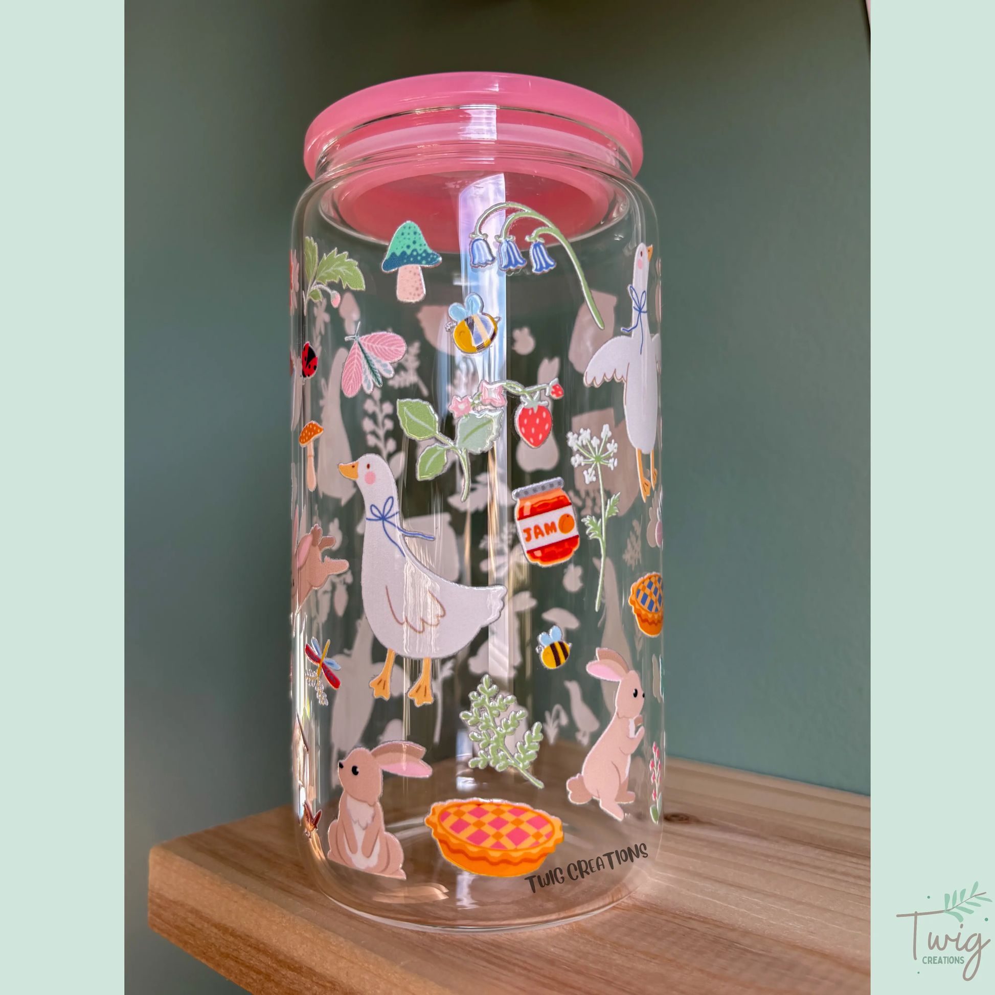 Cottagecore Spring Goose 16 oz Glass Cup Twig Creations