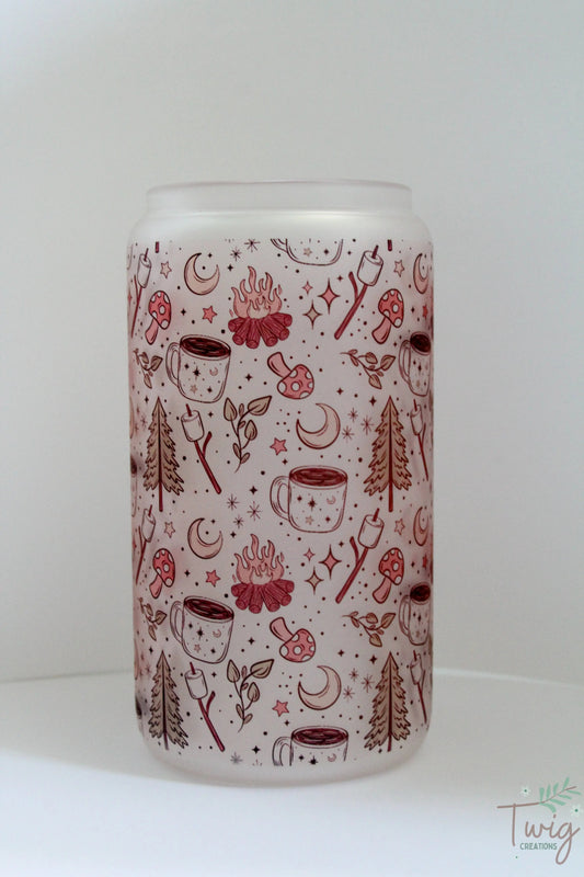 Cozy Campfire Frosted 16 oz Glass Cup Twig Creations