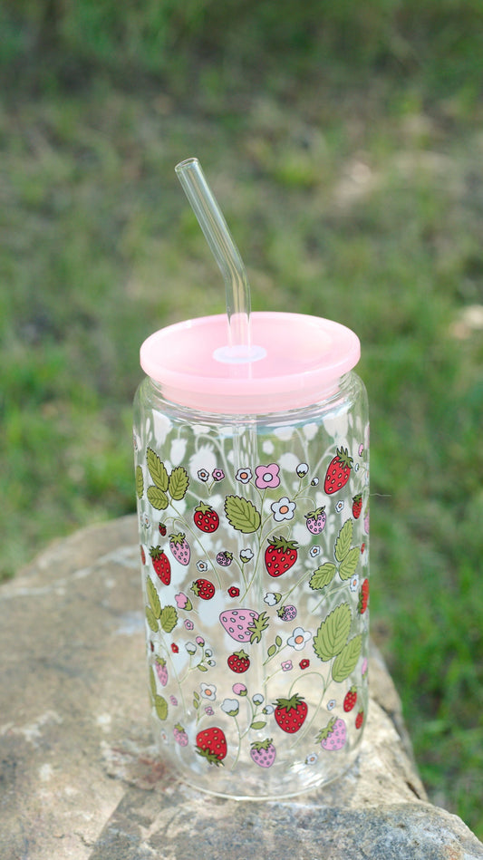 Strawberry Patch 16 oz Glass Cup Twig Creations