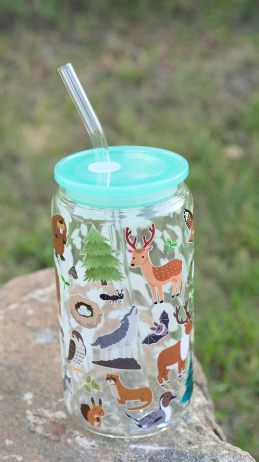 Forest Critters 16 oz Glass Cup Twig Creations