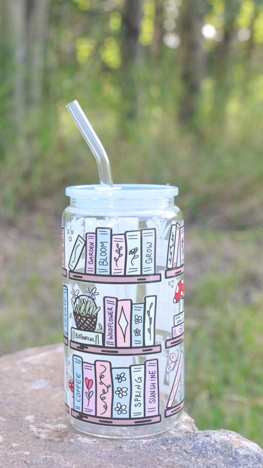 Cottagecore Bookshelf 16 oz Glass Cup Twig Creations