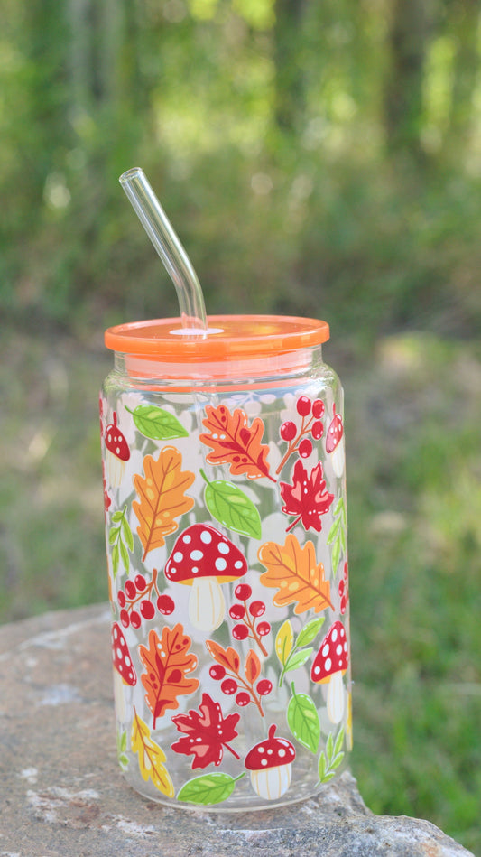 Cozy Fall Leaves 16 oz Glass Cup Twig Creations