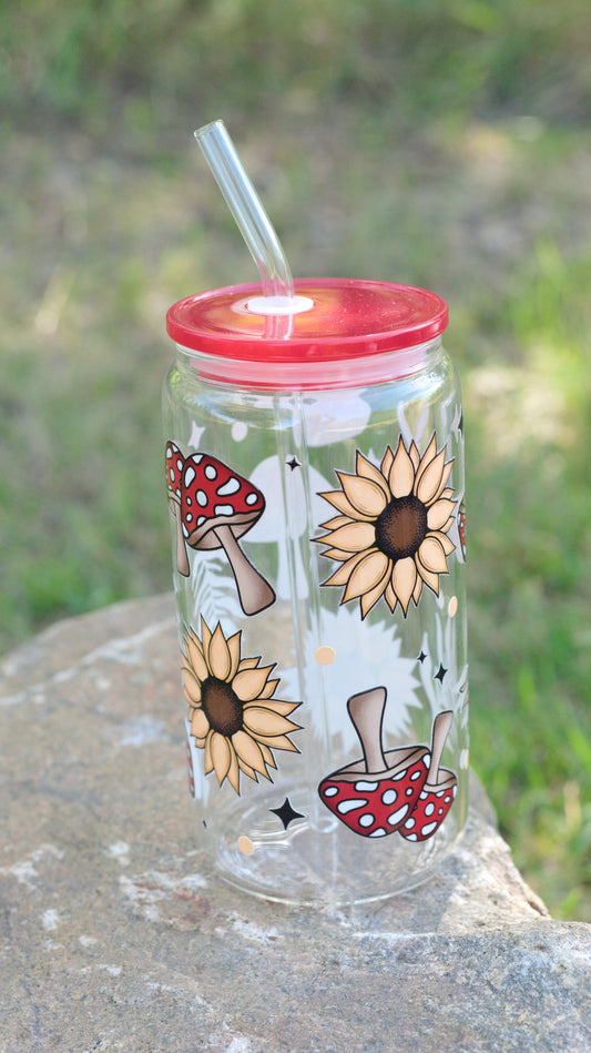 Shrooms & Blooms 16 oz Glass Cup Twig Creations