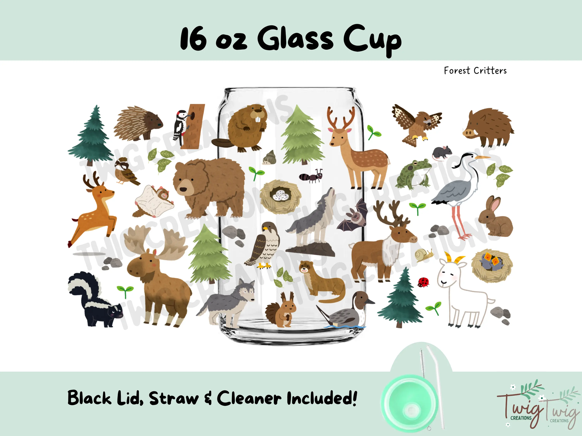 Forest Critters 16 oz Glass Cup Twig Creations