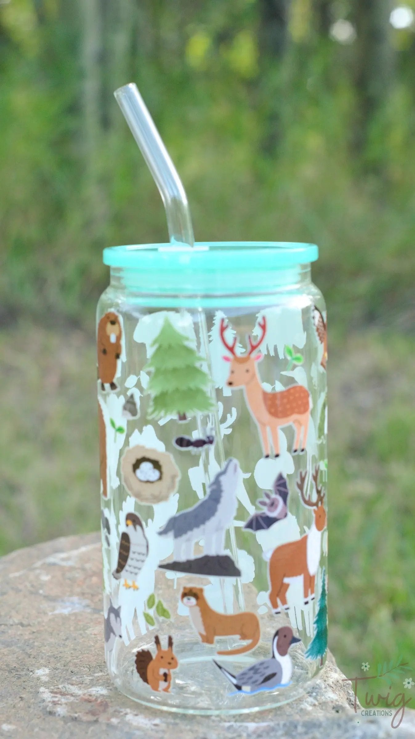 Forest Critters 16 oz Glass Cup Twig Creations