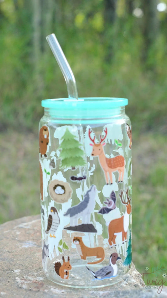 Forest Critters 16 oz Glass Cup Twig Creations