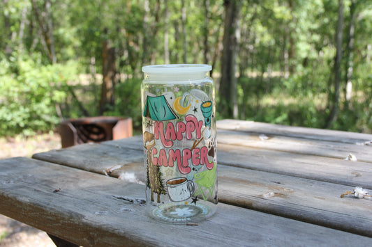 Happy Camper 16 oz Glass Cup Twig Creations