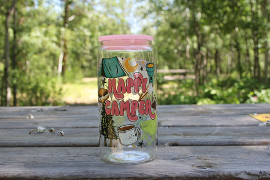 Happy Camper 16 oz Glass Cup Twig Creations