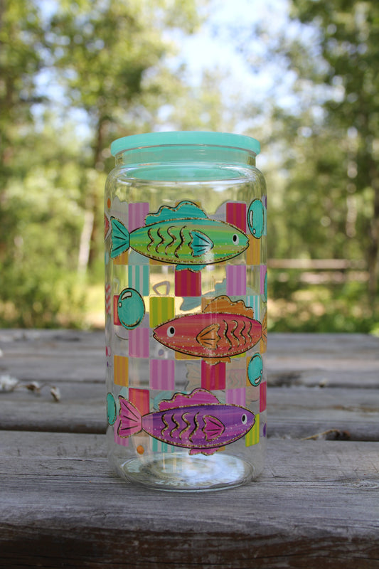 Retro Fishies 16 oz Glass Cup Twig Creations