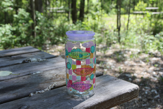 Retro Fishies 16 oz Glass Cup Twig Creations