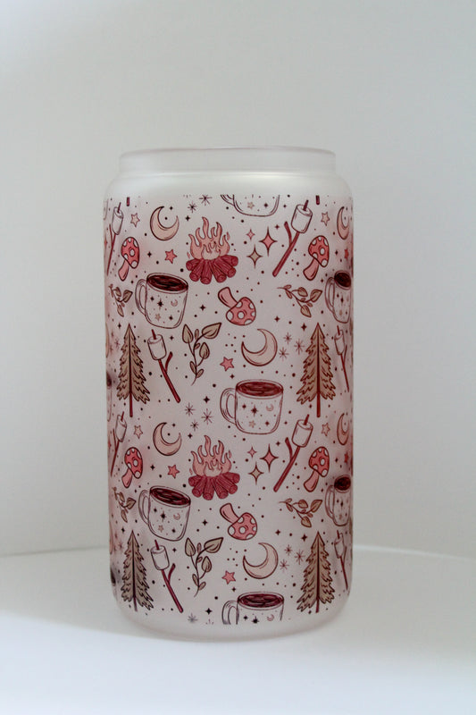 Cozy Campfire Frosted 16 oz Glass Cup