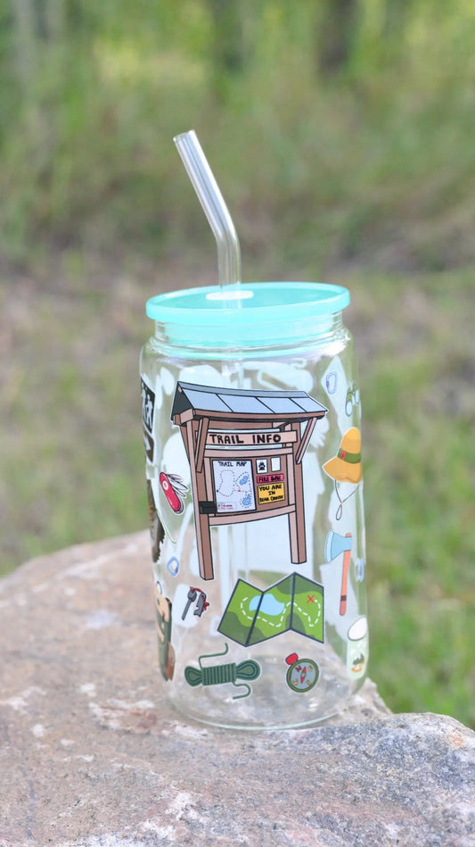 Let's Go On a Hike 16 oz Glass Cup Twig Creations