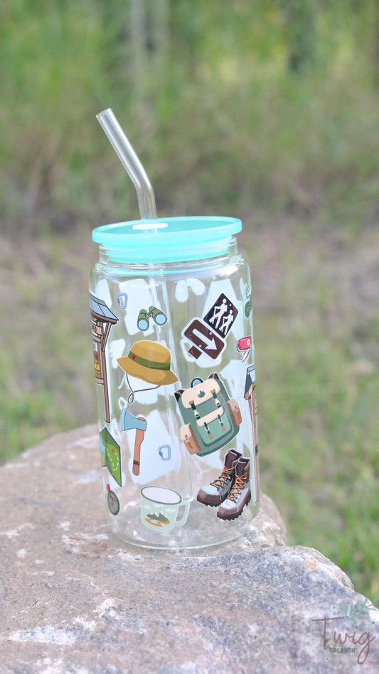 Let's Go On a Hike 16 oz Glass Cup Twig Creations