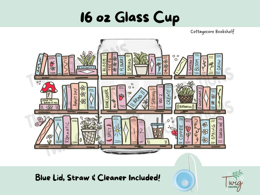 Cottagecore Bookshelf 16 oz Glass Cup