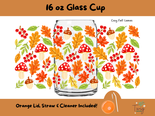Cozy Fall Leaves 16 oz Glass Cup