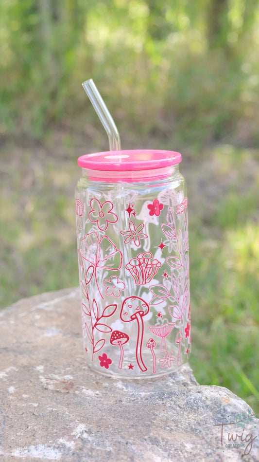 Mushroom Grove 16 oz Glass Cup Twig Creations