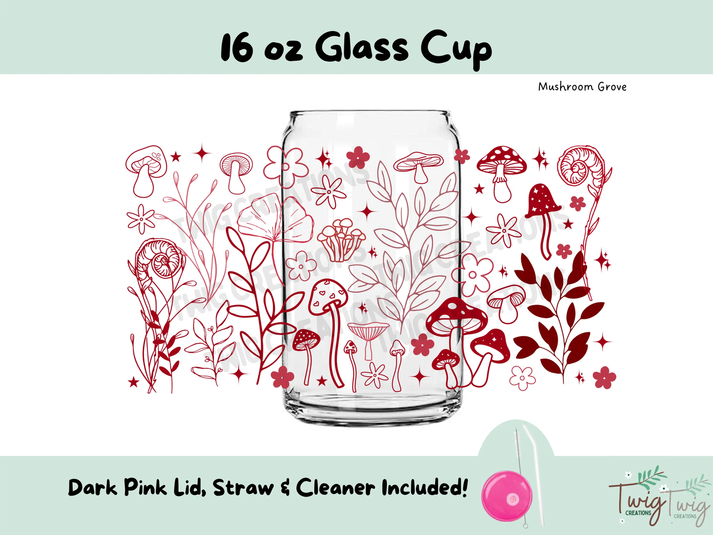 Mushroom Grove 16 oz Glass Cup Twig Creations