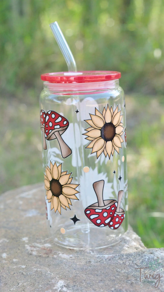 Shrooms & Blooms 16 oz Glass Cup Twig Creations