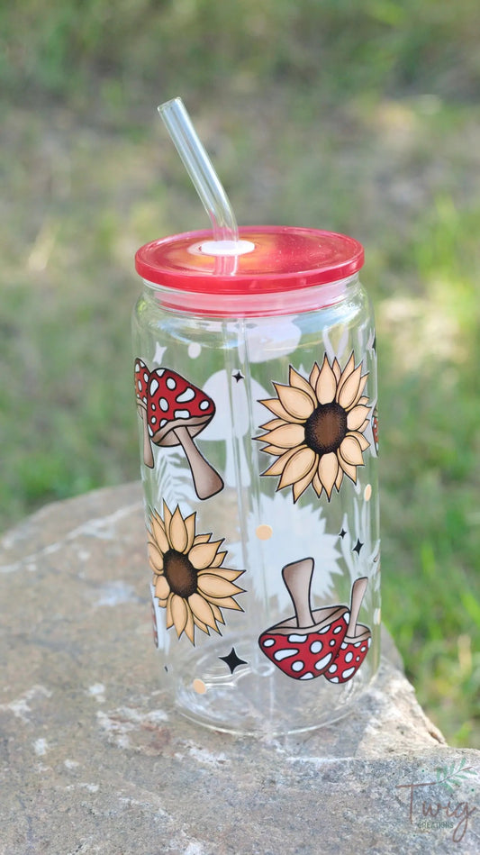 Shrooms & Blooms 16 oz Glass Cup Twig Creations