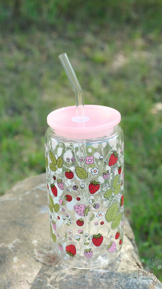 Strawberry Patch 16 oz Glass Cup Twig Creations